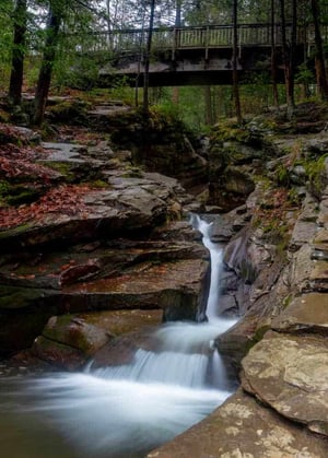 photo of bridge over a waterfall with water streaming down