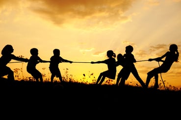 Silhouette, group of happy children playing on meadow, sunset, summertime